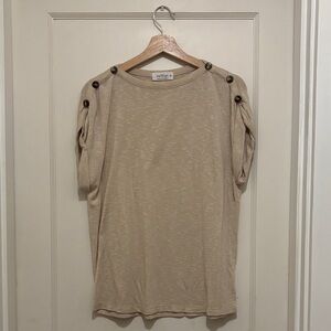 Kaileigh Beige Button-Shoulder Tee